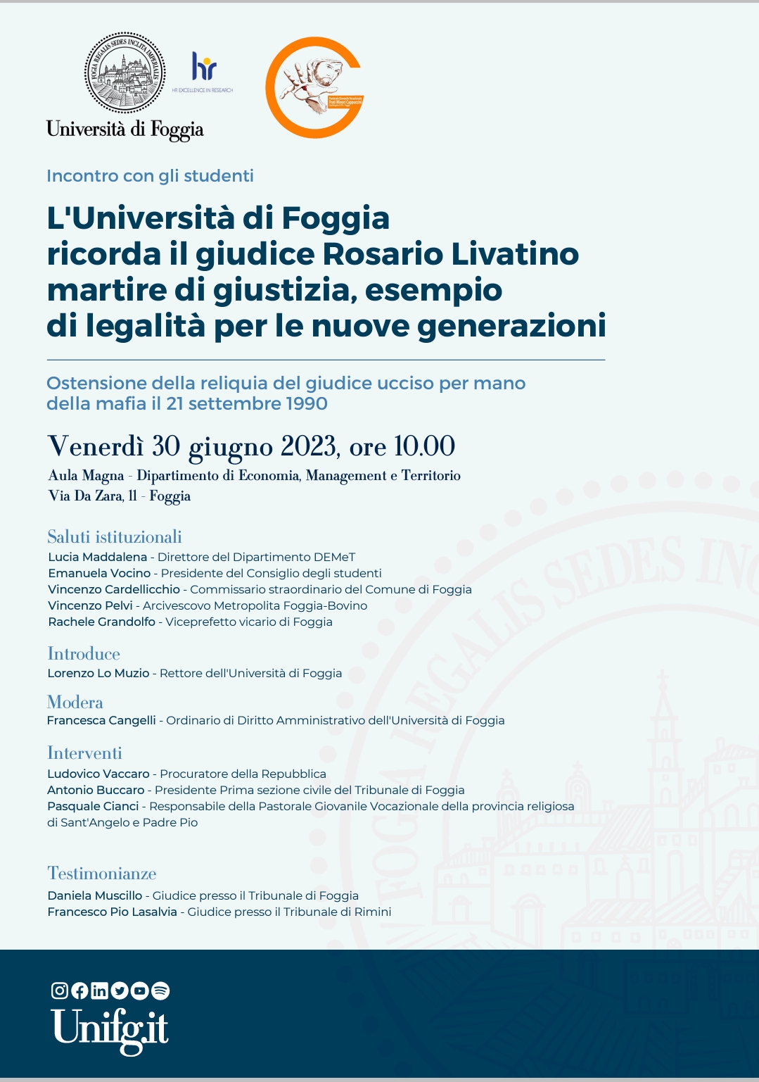 L’Università di Foggia ricorda il giudice Rosario Livatino martire di giustizia, esempio di legalità per le nuove generazioni