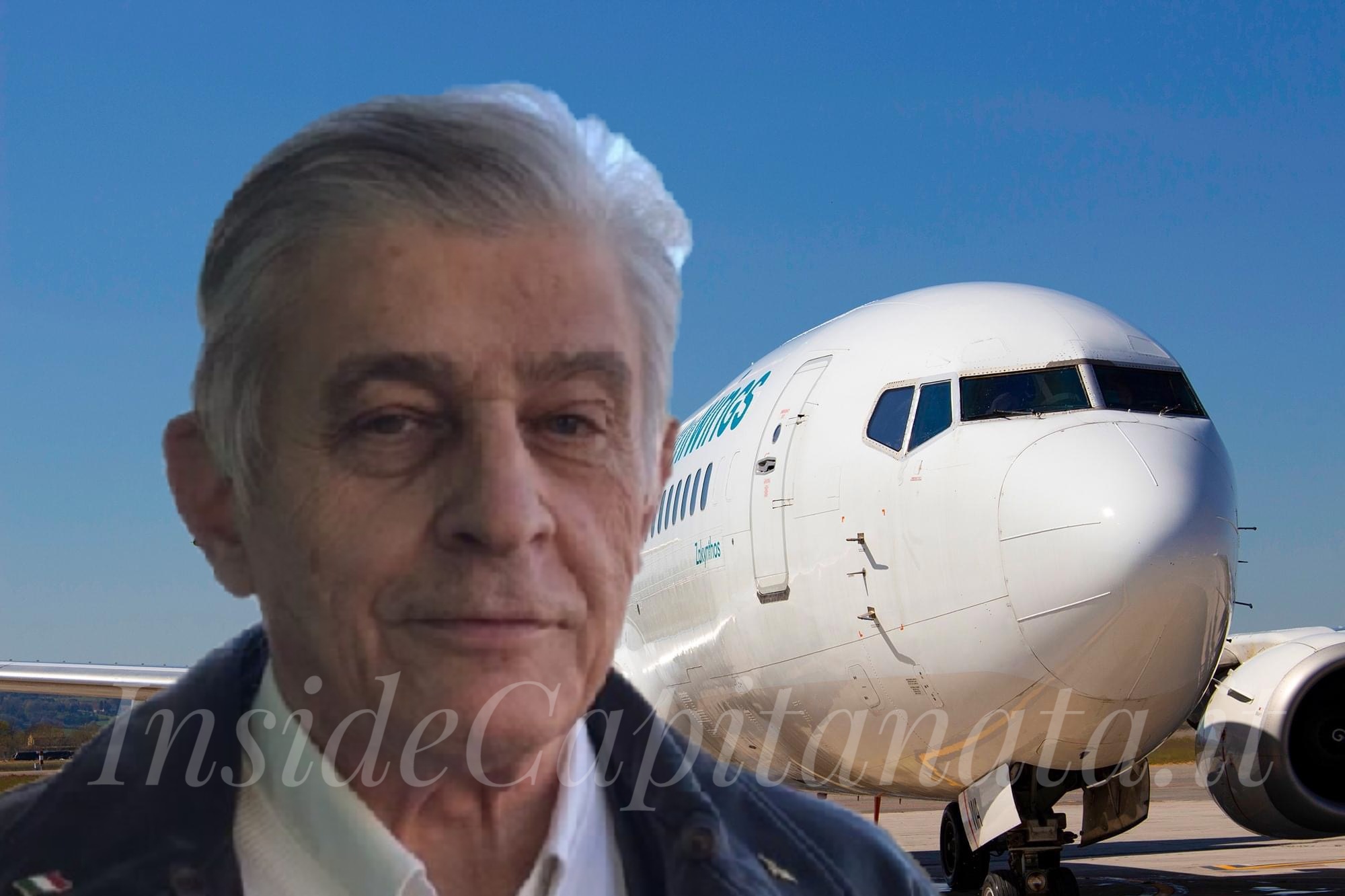 Sergio Venturino, presidente di Mondo Gino Lisa, con uno sfondo di un aereo Lumiwings che decolla dall'aeroporto Gino Lisa.