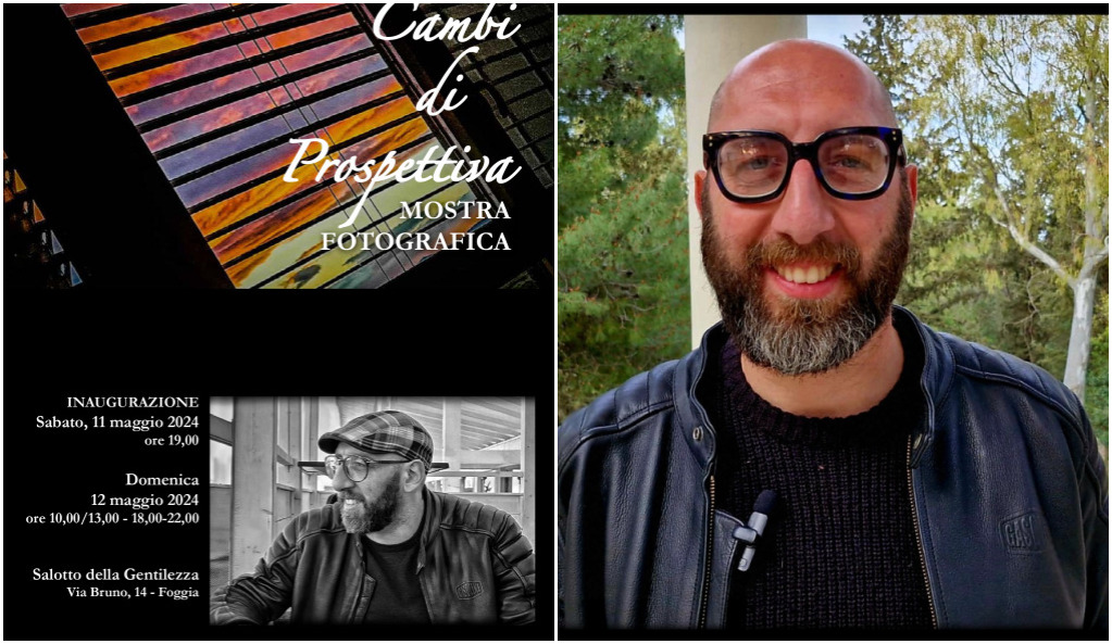 Ivan Loriso presenta la mostra fotografica "Cambi di Prospettiva" a Foggia, insieme alla locandina dell'evento presso il Salotto della Gentilezza.